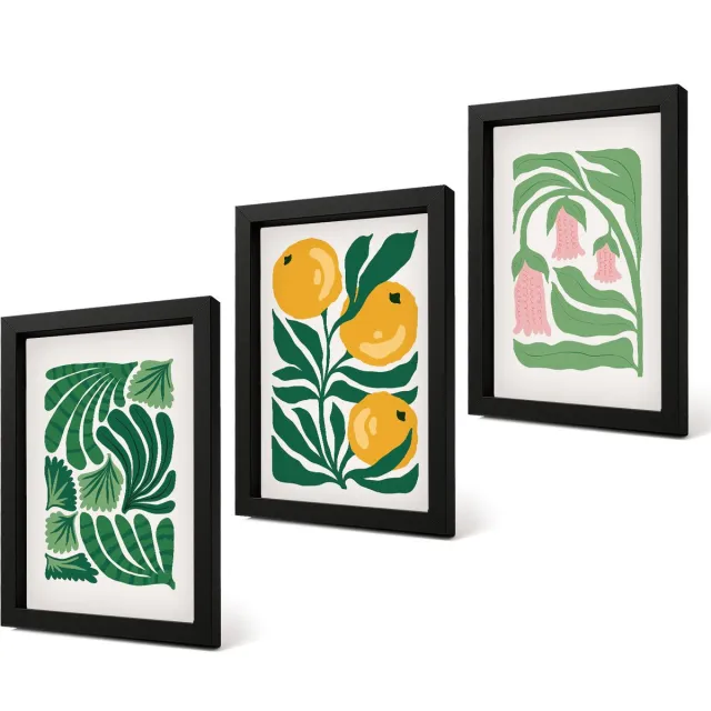 Coloray 4-Delige Schilderij Set - Minimalistische plantpatronen met vruchten en bladeren - 20 x 30 cm - Muurdecoratie - Wanddecoratie - Slaapkamer - Decoratieve Schilderijen Zwarte lijst