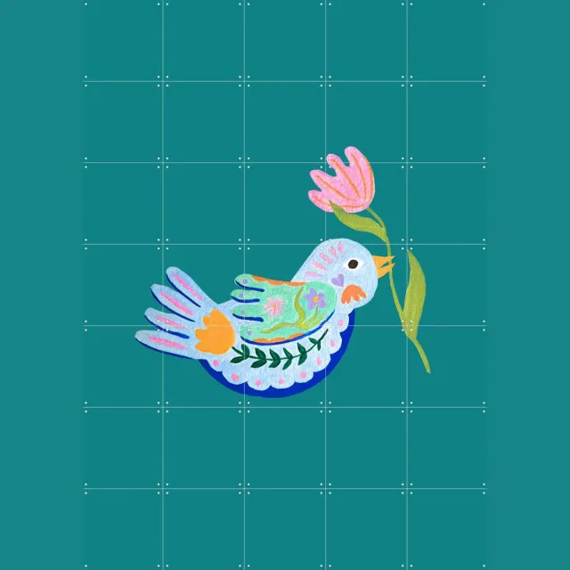 IXXI Floral Fantasy Bird, Palmartprints - 100 x 140 cm - Grote wanddecoratie en posters - Speels, Kleurrijk, Illustraties, Cartoonesk, Fantasierijk Blauw / Groen