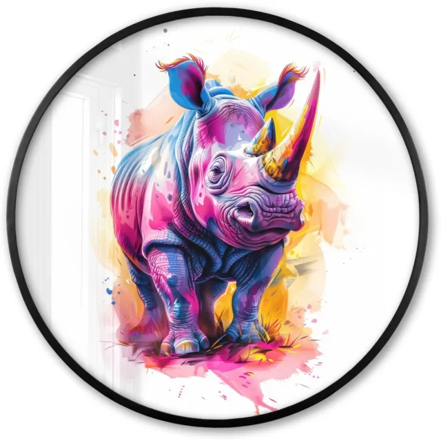 FrameYourWall Poster in lijst Rond - Fotolijst 60x60 cm - Posters - Neushoorn - Kleurrijk - Verf - Dieren - Ronde posterlijst zwart - Decoratie - Wanddecoratie woonkamer - Muurdecoratie slaapkamer
