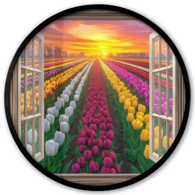 FrameYourWall Poster in lijst Rond - Fotolijst 40x40 cm - Posters - Doorkijk - Bloemen - Tulpen - Kleurrijk - Zonsondergang - Ronde posterlijst zwart - Decoratie - Wanddecoratie woonkamer - Muurdecoratie slaapkamer