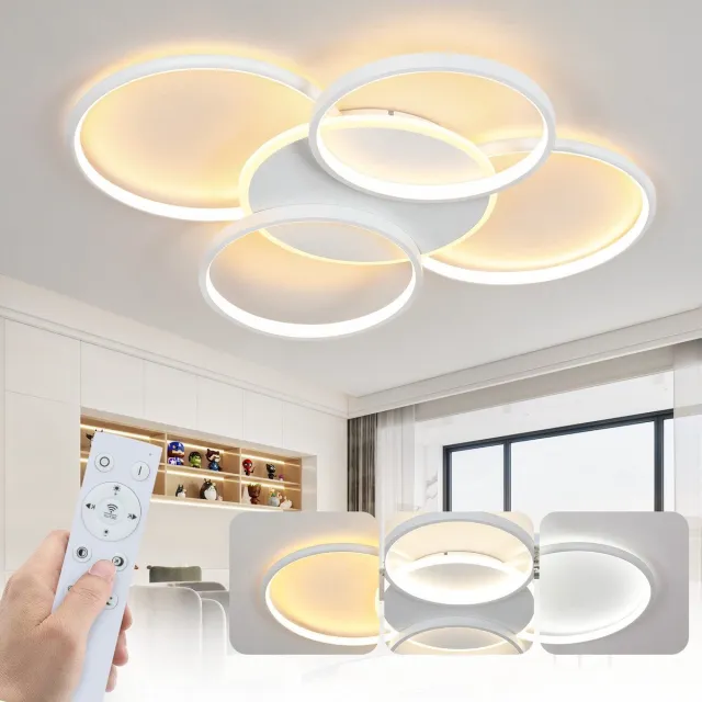NETTLIFE Plafondlamp LED – Wit – Ringe Design - 5-lichts – Metaal – Dimbaar - 70W - Moderne Plafondverlichting – 67cm - Met Afstandsbediening – voor Woonkamer | Slaapkamer | Eetkamer