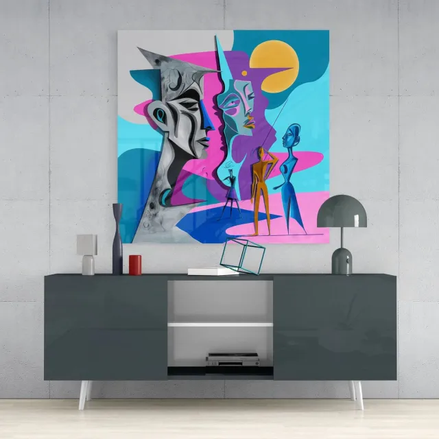 Insigne Art Glasschilderij Vierkant - Picasso Stijl - Wanddecoratie - Kunst - Woonkamer - Slaapkamer - 80x80 cm Kleurrijk