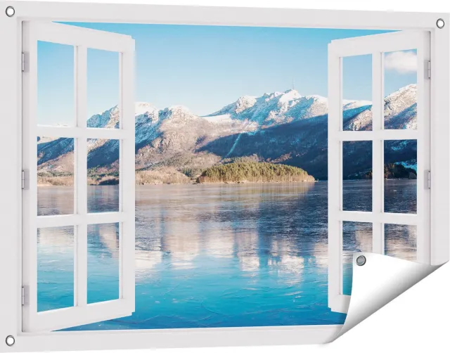 Gards Tuinposter Doorkijk Meer bij het Bergen Landschap in Noorwegen - 90x60 cm - Tuindoek - Tuindecoratie - Wanddecoratie buiten - Tuinschilderij Wit