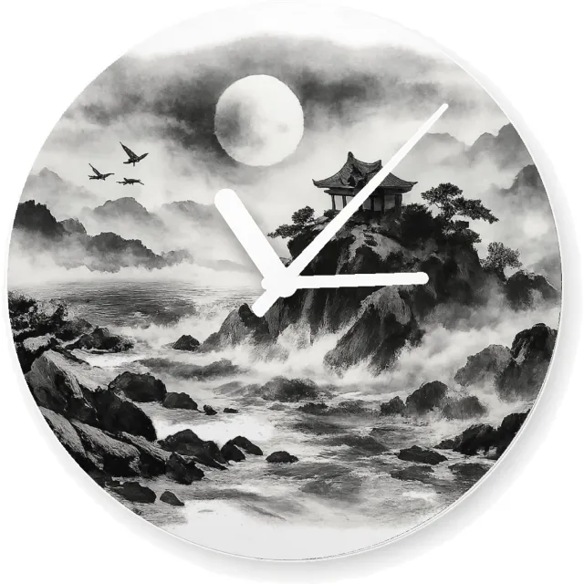 Mr Cadeautjes Glazen klok Ø 20 - design Nachtelijk kustpanorama met rotsen, maan, golven en een klei | cadeau Wit