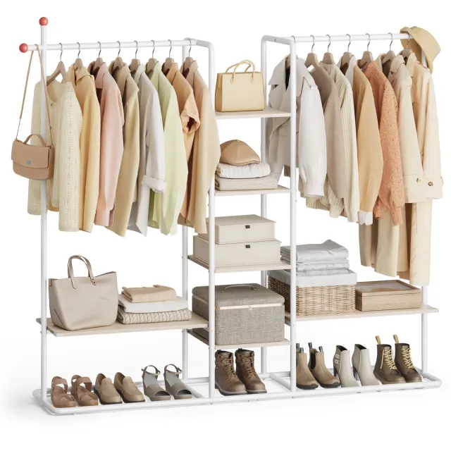 Songmics HOME - Kledingkast - 6 Planken en 2 Kledingstangen - Met Haken Beige-Wit