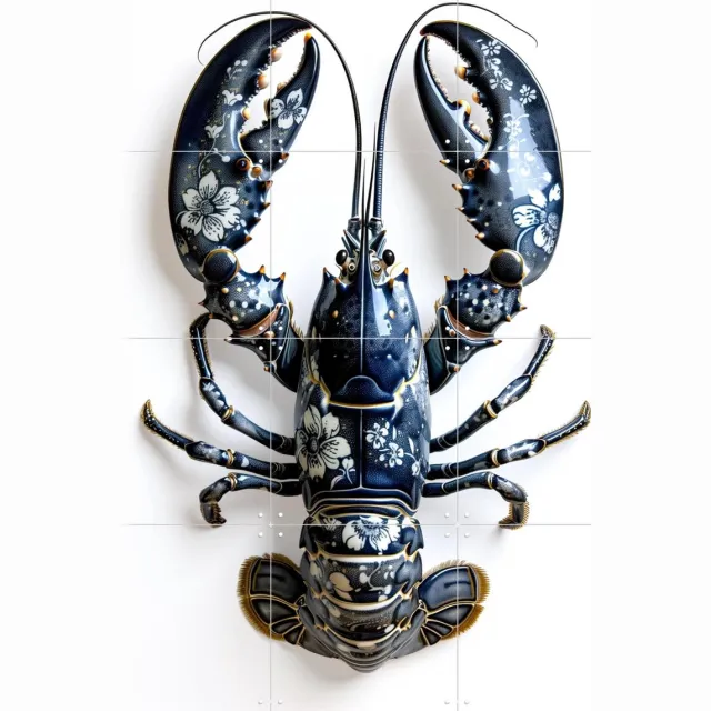 IXXI Lobster in Delft Blue Floral Porcelain Style, OTTI - 60 x 80 cm - Grote wanddecoratie en posters - Ornamenteel Ontwerp, Modern, Strandhuis Wit / Blauw