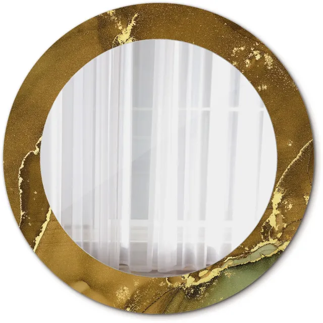 TULUP Spiegel - Ronde vorm Spiegel - op gehard Glas - Metallic wervelingen - Diameter: 60 cm - Spiegel met decoratieve opdruk - Woonkamerspiegel - Inloopkastspiegel - Hal - Gouden - Wanddecoratie Spiegel - Make-up Spiegel - Montageset Goud Metallic wervelingen