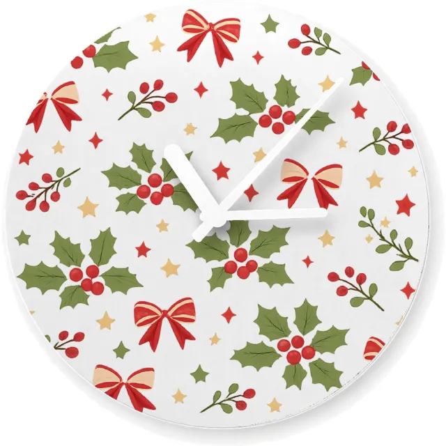 Mr Cadeautjes Glazen klok Ø 20 - design Luchtig herhaalpatroon met winterse natuurmotieven in een el | cadeau Wit