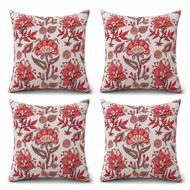 Urbane Hide Set van 4 Kussenhoezen 45x45 cm | Katoen Canvas Kussenhoes | Rood-Bloemenprint | Sierkussenhoes voor Woonkamer & Tuin | Digitale Print Cushion Covers Wit