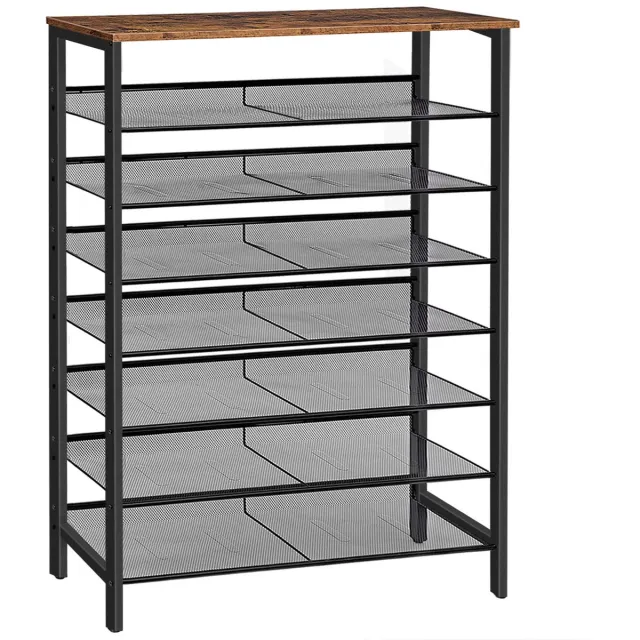 Famanu Schoenenrek met 8 niveaus, smal en hoog ontwerp van 100 x 30 x 137 cm, platte en kantelbare roosterplanken voor 32-40 paar schoenen, metaal, vintage bruin-zwart