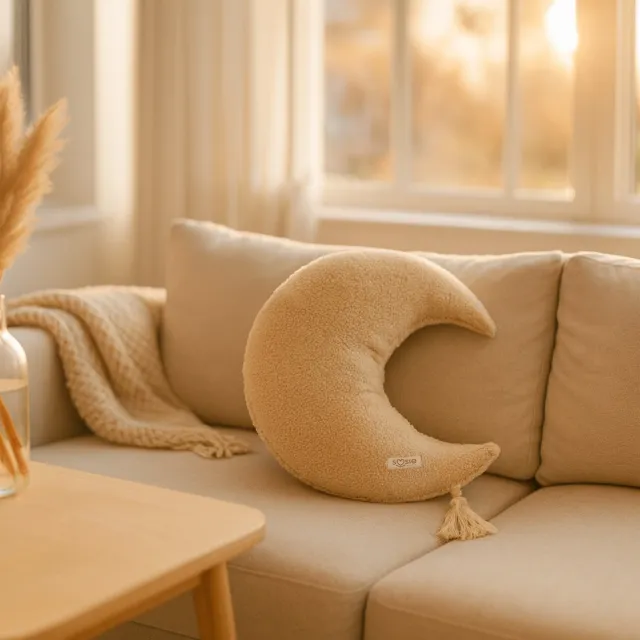 Soosie Sierkussen Maan – Kussentje - Teddy Bouclé – Ø 50 cm – Beige – met kwastje
