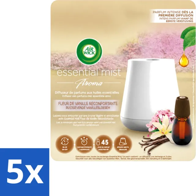 Air Wick 5 x Air Wick Essential Mist - Elektrische Geurverspreider - Starterkit - Rustgevende Vanillebloesem - 20ml - Voordeelverpakking - 5 stuks Wit