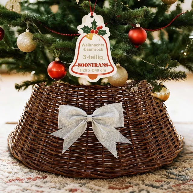 Famanu Kerstboomrok van riet met strikken, 3-delige kerstboomkraag in bruin, perfect voor het creëren van een feestelijke uitstraling van uw kerstboom en decoratie tijdens de feestdagen