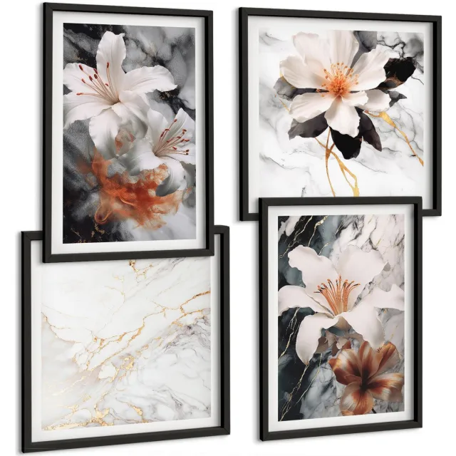 Coloray 4-Delige Schilderij Set - Bloemen Op Een Marmeren Achtergrond In Wit- En Zwarttinten. - 40 x 40 cm En 40 x 60 cm - Stijlvolle Muurdecoratie - Slaapkamer - Woonkamer Decoratie Zwarte lijst