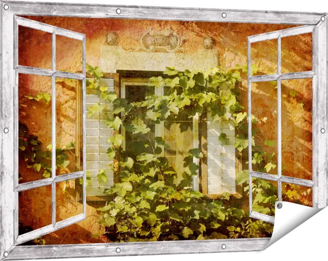 Gards Tuinposter Doorkijk Raam met Luiken - 120x80 cm - Tuindoek - Tuindecoratie - Wanddecoratie buiten - Tuinschilderij Grijs