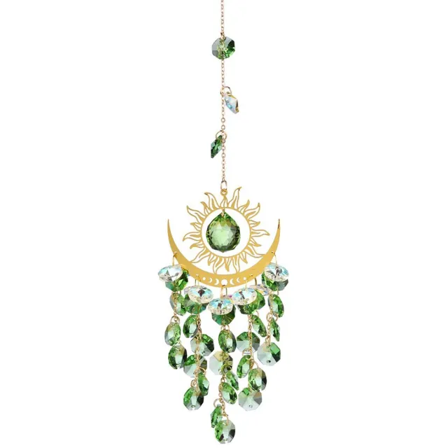 PZCC Windspinner - Windgong buiten - Kristallen Suncatcher Zon & Maan 38 cm - Groen - Hangende Regenboogmaker met Prisma Kristallen voor Raam, Balkon en Tuin