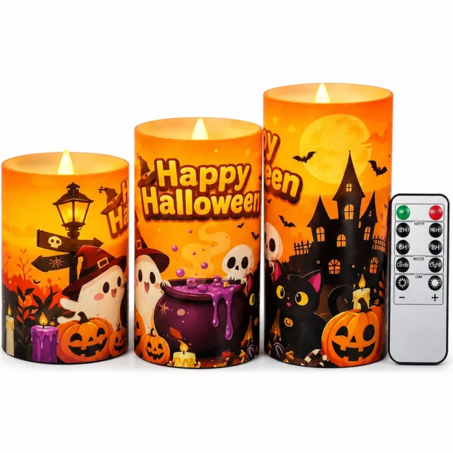 SWGOTA led kaarsen voor Halloween, set van 3 met spookmotieven en afstandsbediening, warm licht, batterijen niet inbegrepen Bruin