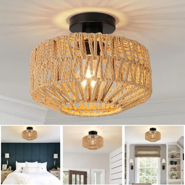 BENALLA 40W Boho-Stijl Plafondlampen - Rotan Kroonluchter - Handgeweven Plafondverlichting - Voor Hal Slaapkamer Keuken Khaki
