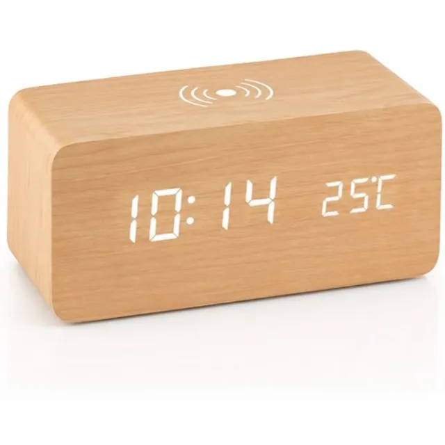AXBO Digitale Houten Wekker met Draadloze Oplader - 5W Qi Wireless Charging - LED Klok - 3 Alarmen - Sound Control - Temperatuurweergave - 3 Helderheidsstanden - Inclusief USB-adapter - Licht Bruin