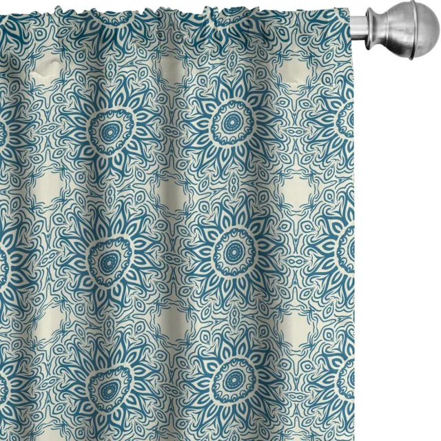 ABAKUHAUS Blauwe Mandala Gordijnen – 2x75x225 cm – microvezel, halfschaduw Elfenbein