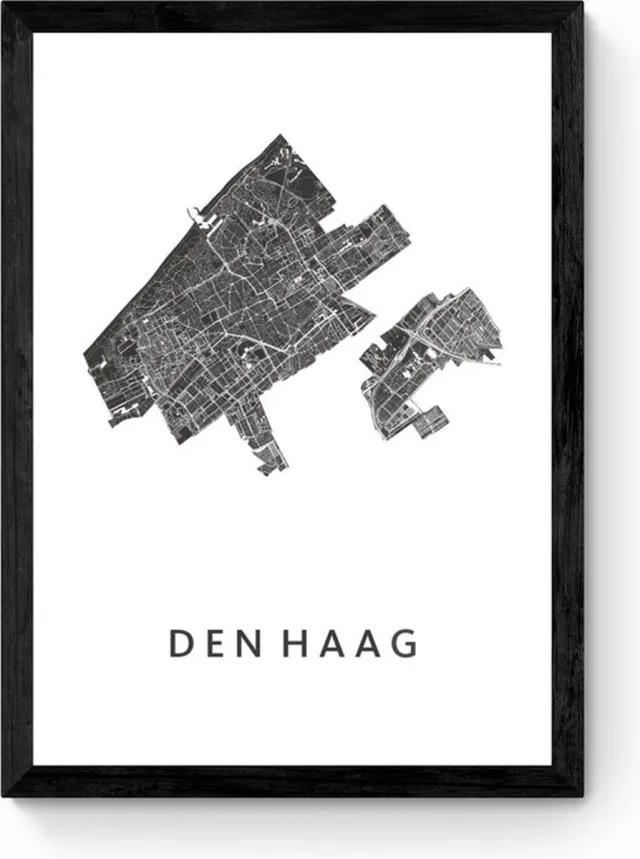 Kunst in Kaart Den Haag - Ingelijste Stadskaart Poster Zwart, Wit