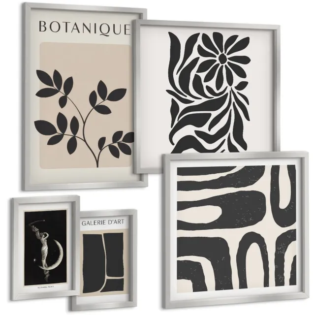 TULUP 4-Delige Schilderij Set - Moderne plantmotieven in een minimalistische stijl - 50 x 50 cm, 20 x 30 cm en 40 x 60 cm - Stijlvolle Muurdecoratie - Kantoor - Moderne Wanddecoratie Zilveren lijst