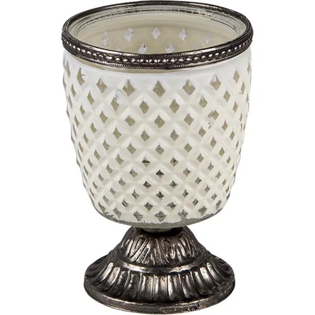 Clayre & Eef Theelichthouder Ø 9x13 cm Wit Glas Metaal Rond Waxinelichthouder