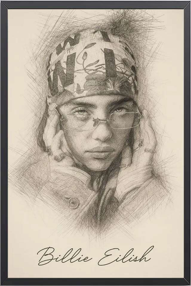 Billie Eilish Poster Ingelijst A3– 30x42cm – Handgetekend Portret – Met Zwarte Lijst – Muziek Poster Wanddecoratie