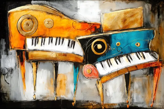 John Joseb Art (Canvas) 90x60 | 2 Piano, artistiek abstract, kleurrijk, muziek, kunst | piano muziekinstrument, goud, rood, bruin, blauw, modern | Foto-Schilderij canvas print (wanddecoratie) Canvas, dikte 2 cm