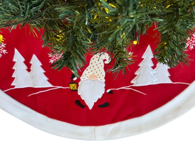 HEM Kerstboomrok Ø90 cm – Rood/Wit – Met Gnoom-opdruk – Fleece Boomkleed – Luxe Christmas Tree Skirt – Kerstdecoratie Rondom Kerstboom