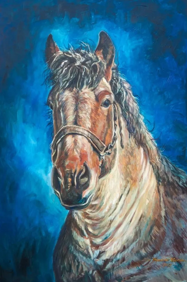 Ton van der Weerden Trekpaarden schilderij TW32 - Foto - Ton van der Weerden - Fine Art Print op fotokwaliteit papier - 50 x 70 cm bruin