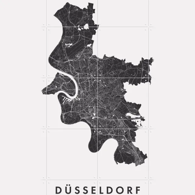 IXXI Düsseldorf City Map, Kunst in Kaart - 80 x 100 cm - Grote wanddecoratie en posters - Geometrische Kunst, Grafisch Ontwerp, Minimalisme, Abstract Zwart / Monochroom / Zwart en wit