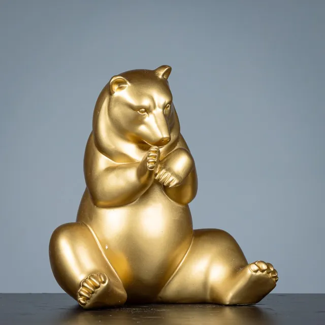 V-art Beeldje van Gouden Zittende Beer – Charmante en Luxe Decoratie met Glans - Glanzende Polyresin