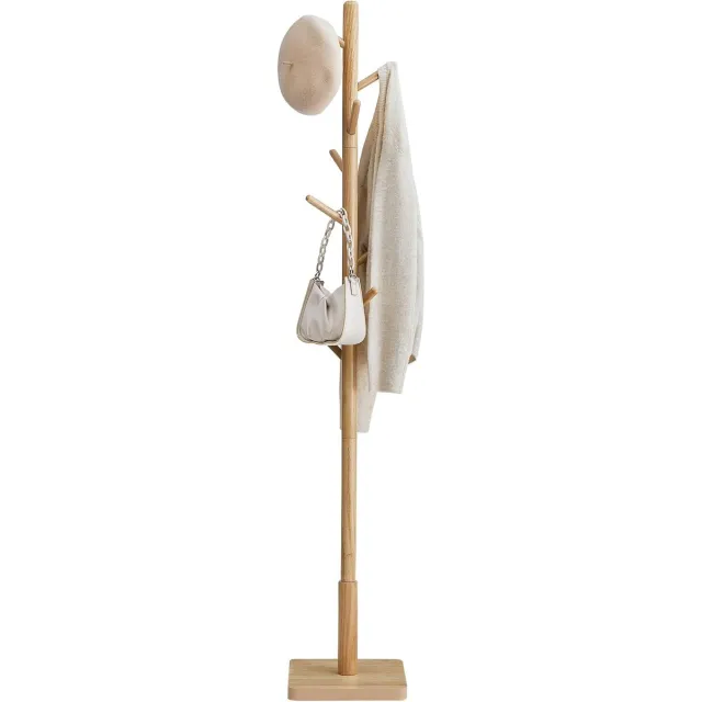 Hoppa! Kapstok - Natuurlijk Beige - Haken En Hoofdpaal Van Rubberhout, Basis Van MDF (Medium Density Fiberboard) - 30 x 30 x 173 cm (B x D x H)