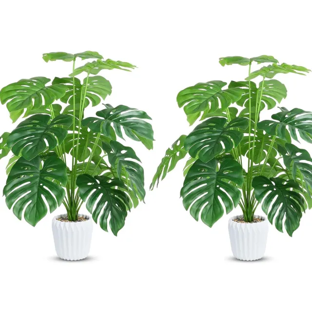 Unyqoos Set van twee decoratieve kunstplanten Monstera met verstelbare bladeren en pot Groen