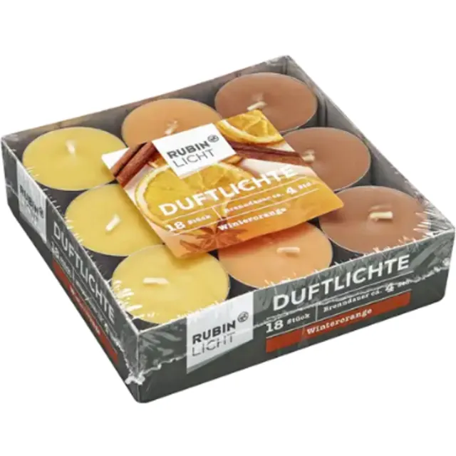 Rubin Licht Geurtheelichtjes Winterorange - Wintersinaasappel - 18 stuks | Geurkaarsjes met Winter & Kerst Geur - Theelichtjes - Branduur: 4h Geeloranje