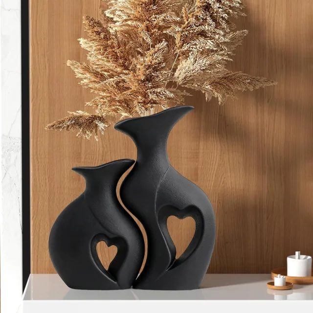 Famanu Set van 2 keramische vazen in zwart, hartvormige matte vazen, perfect voor boho interieurdecoratie op eettafel, boekenkast, woonkamer en kantoor