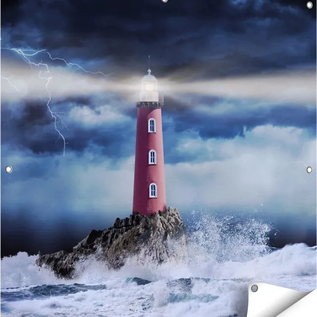 Gards Tuinposter Vuurtoren op een Storm Zee met Golfen Water - 90x90 cm - Tuindoek - Tuindecoratie - Wanddecoratie buiten - Tuinschilderij Multikleur