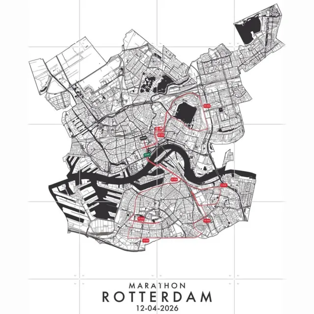 IXXI Marathon Rotterdam 2026, Kunst in Kaart - 80 x 100 cm - Grote wanddecoratie en posters - Line art, Trap, Gang, Kaarten, Sport, Stad, Reizen Wit