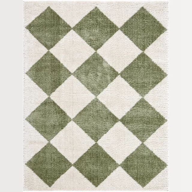 Surya Deline vloerkleed wasbaar hoogpolig shaggy ruitpatroon groen lichtbeige