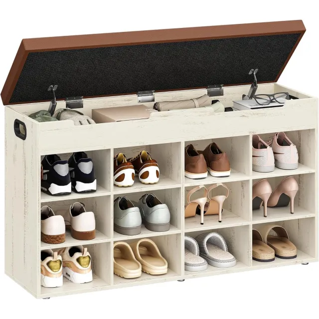 HILINSIE Schoenenbank met zitting, 12 vakken, vintage bruin-wit | Schoenenrek, zitbank met opbergruimte, uitneembare planken, 30 x 100 x 55 cm, voor woonkamer, hal, ingang