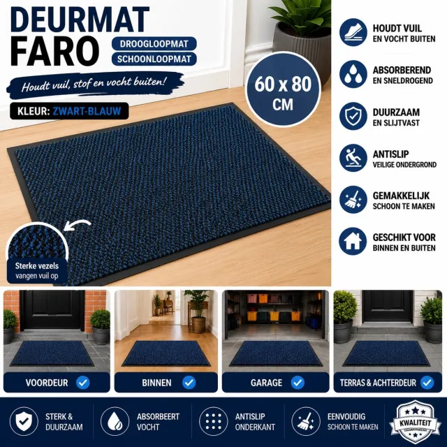 Wicotex Deurmat - Schoonloopmat Faro - Afmeting 60x80cm - Kleur Zwart - Blauw zwart blauw