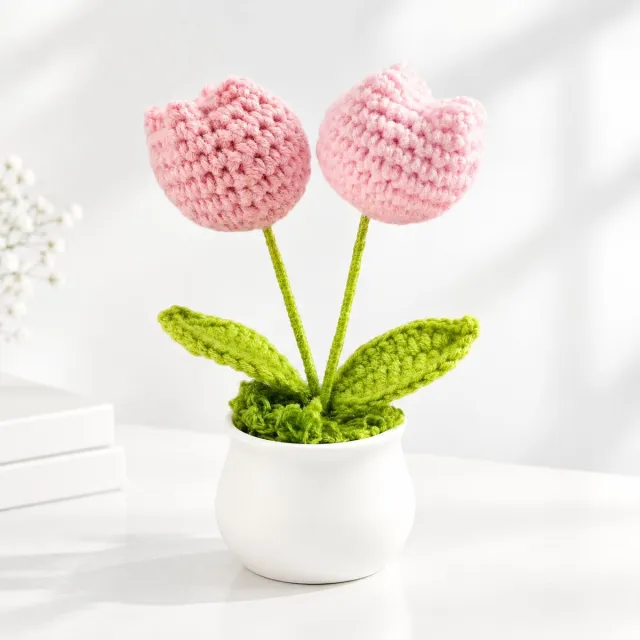 VHV Gebreide mini tulp bloemen - Gehaakte bloemetje met pot - Roze verloop tulp - Knitted flowers - Handgehaakte plantdecoratie