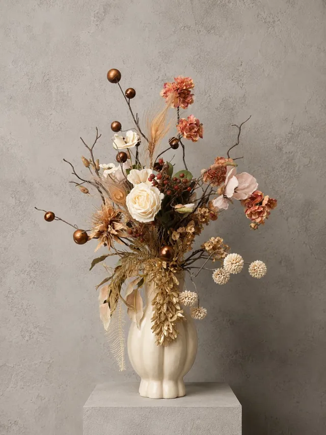 Seta Fiori Kunstboeket Nude Elegance Large - Kunstbloemen met Vaas - 75 cm - Seta Fiori Nude, taupe, beige, zacht peach, bruin, zand