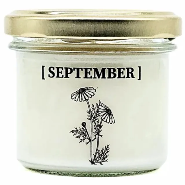 Candlelight-on geurkaars met geboortebloem en geboortedatum - 21 september - o.b.v. sojawas en etherische oliën Wit