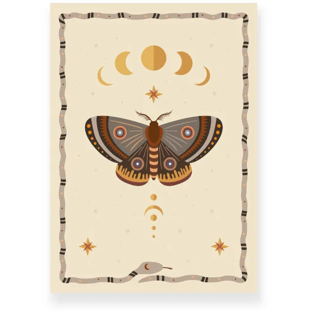 Yisual Aluminium plaat 30x40 cm - Poster - Nachtvlinder - Maanfases - Beige - Grijs - Bohemian - Spiritueel - Muurdecoratie - Wanddecoratie