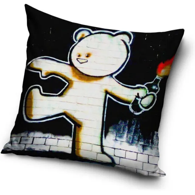 Full Colour Black - Banksy Sierkussenhoes - Bear with molotov - Banksky - Brandalised - 40x40 cm - Fleece - kunst. Multi