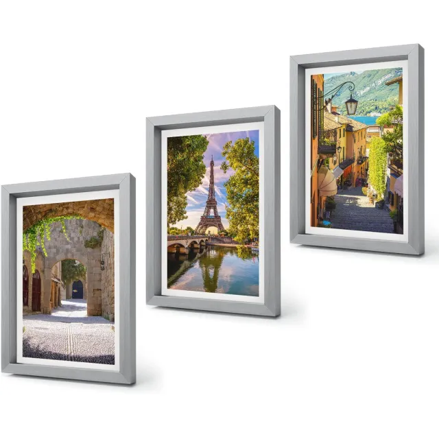 Coloray 4-Delige Schilderij Set - Prachtige straten, historische architectuur, Eiffeltoren - 20 x 30 cm - Wanddecoratie - Moderne Interieurdecoratie - Woonkamer Decoratie Zilveren lijst