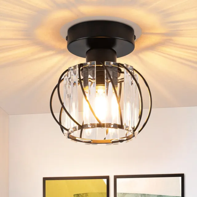 NETTLIFE Plafonnière - 1xE27 - Plafondlamp - Modern - Zwart - Metaal en kristal - Ø 15cm - Draaibaar ontwerp - Ganglamp - voor woonkamer | gang | keuken | balkon - Zonder lamp