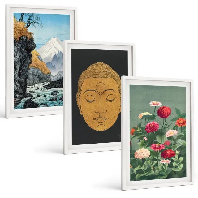 Coloray 3-Delige Schilderij Set - Japanse Natuur En Cultuur In Japandi-Stijl - 40 x 60 - Muurdecoratie - Schilderijen Set - Woonkamer - Wanddecoratie Witte lijst